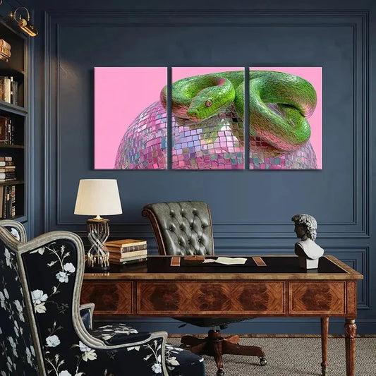 3pcs Vibrant Green Snake & Disco Ball Metal Print Ready to Hang Art