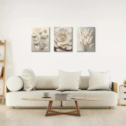 3pcs Neutral Textured Flower Plant Metal Print Ready to Hang Art