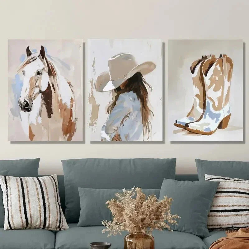 3pcs Cowgirl, Cowboy Boots, Cowboy Watercolor Art Metal Print Ready to Hang Art
