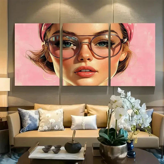 3pcs Cute Girl Portrait in Pink Background Metal Print Ready to Hang Art