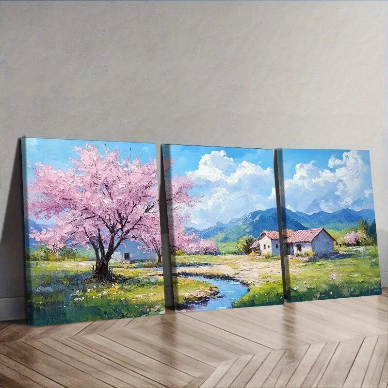 3pcs Cherry Blossom Scene Wall Art Set Canvas Framed 40x60cm - High Quality Print 100% Australian Made Wall Canvas Ready to Hang