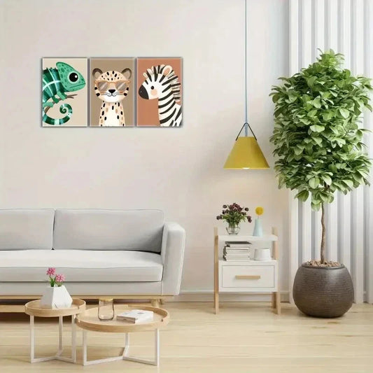 3pcs Chameleon Cheetah Zebra Vibrant Jungle Metal Print Ready to Hang Art