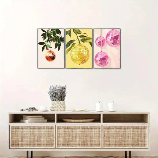3pcs Crystal Ball Lemon Apple Orange Decoration Metal Print Ready to Hang Art