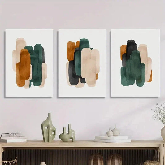 3pcs Abstract Geometric Minimalist Green & Brown Metal Print Ready to Hang Art
