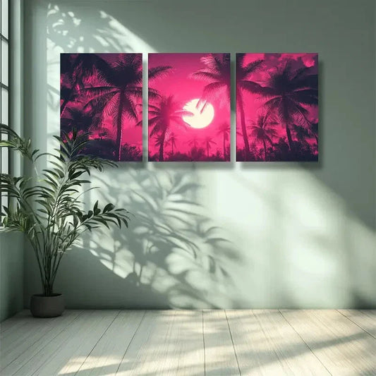 3pcs Vibrant Pink Palm Tree & Moon Night SceneMetal Print Ready to Hang Art