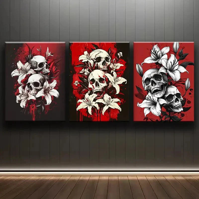 3pcs Skull & White Lilies Darkness Décor Perfect Wall Art Set Canvas Framed 40x60cm - High Quality Print 100% Australian Made Wall Canvas Ready to Hang