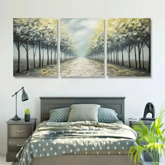 3pcs Tree Lined Path Landscape Canvas Wall Art Metal Print Ready to Hang Art