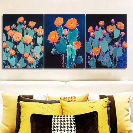 3pcs Night cactus Painting Wall Art Set Canvas Framed 40x60cm - High Quality Print 100% Australian Made Wall Canvas Ready to Hang