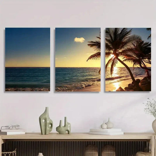 3pcs Sunrise And Sunset at Sea, Coco Island Metal Print Ready to Hang Art