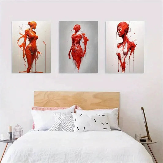 3pcs Abstract Female Red Body Metal Print Ready to Hang Art