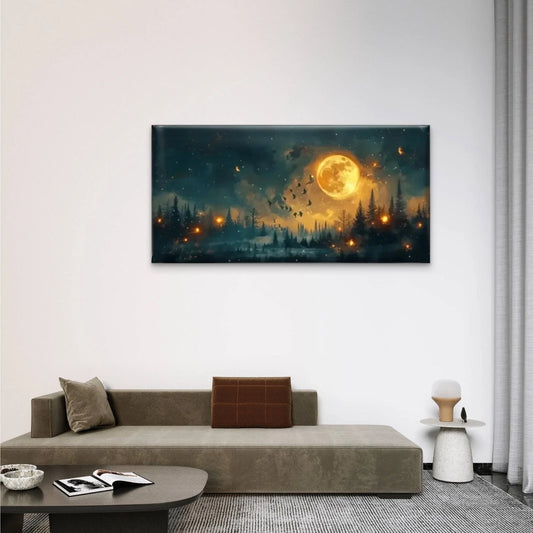 Yellow Moon Forest Birds Dark Wall Art Canvas Office Home Room Framed 80x45cm
