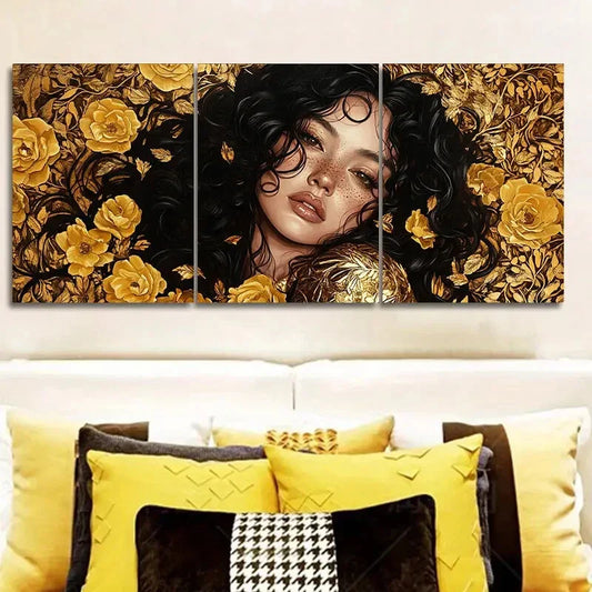 3pcs Intricate gold lace girl Wall Art Set Canvas Framed 40x60cm - High Quality Print 100% Australian Made Wall Canvas Ready to Hang