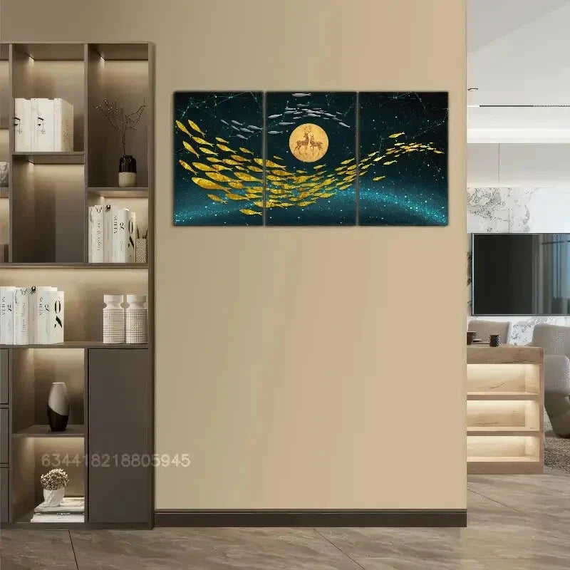 3pcs Golden fish, Golden sun, sika deer, Metal Print Ready to Hang Art