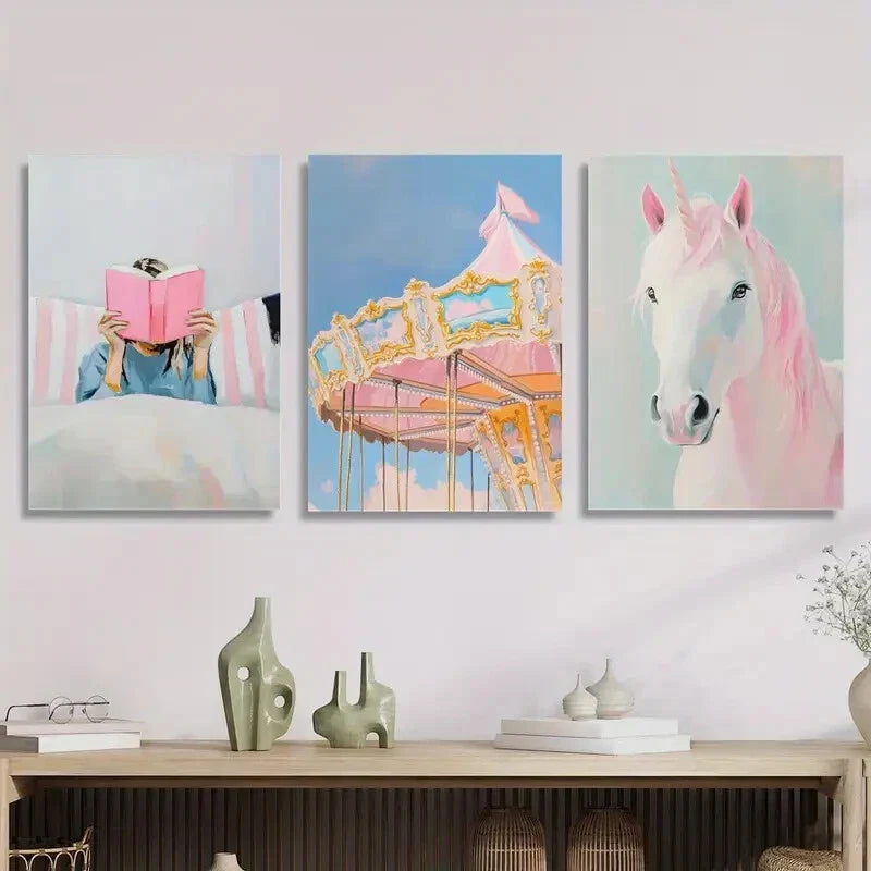 3pcs Reading Pink Books, Pastel Carousel, Metal Print Ready to Hang Art
