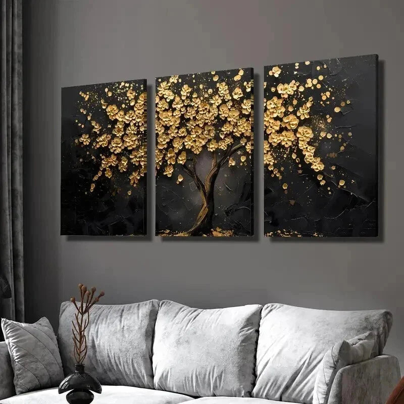 3pcs Abstract Golden Leaf Flower Tree Wall Art Set Canvas Framed 40x60cm - High Quality Print 100% Australian Made Wall Canvas Ready to Hang