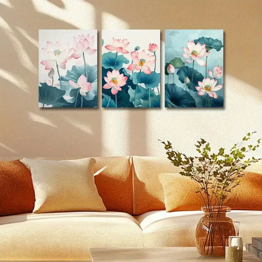 3pcs Pink lotus flowers Design Metal Print Ready to Hang Art