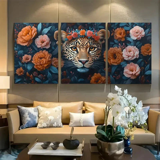 3pcs Leopard with Floral Crown Exotic Wildlife Metal Print Ready to Hang Art