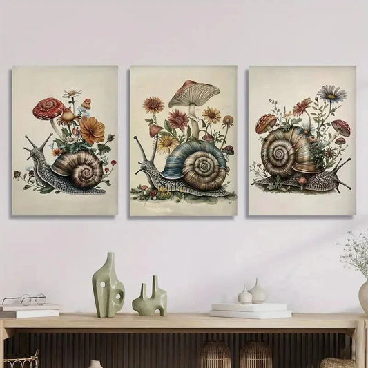 3pcs Vintage Snail Flower Mushroom, Metal Print Ready to Hang Art