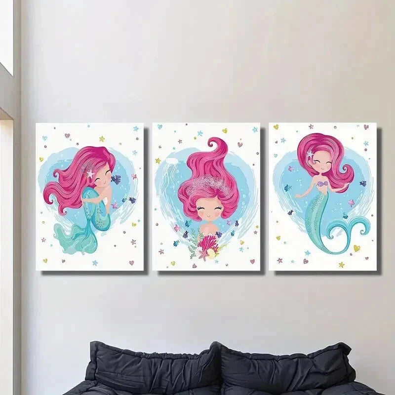 3pcs Pink Hair Light Blue Body Cute Mermaid Wall Art Set Canvas Framed 40x60cm - High Quality Print 100% Australian Made Wall Canvas Ready to Hang