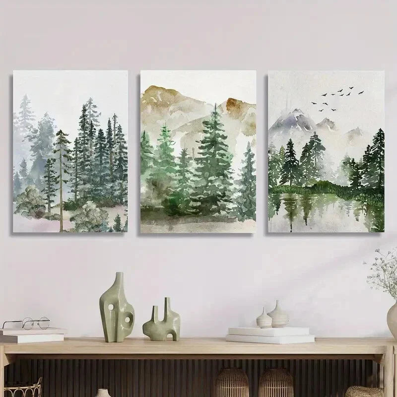 3pcs Sage green forest mountain landscape Metal Print Ready to Hang Art