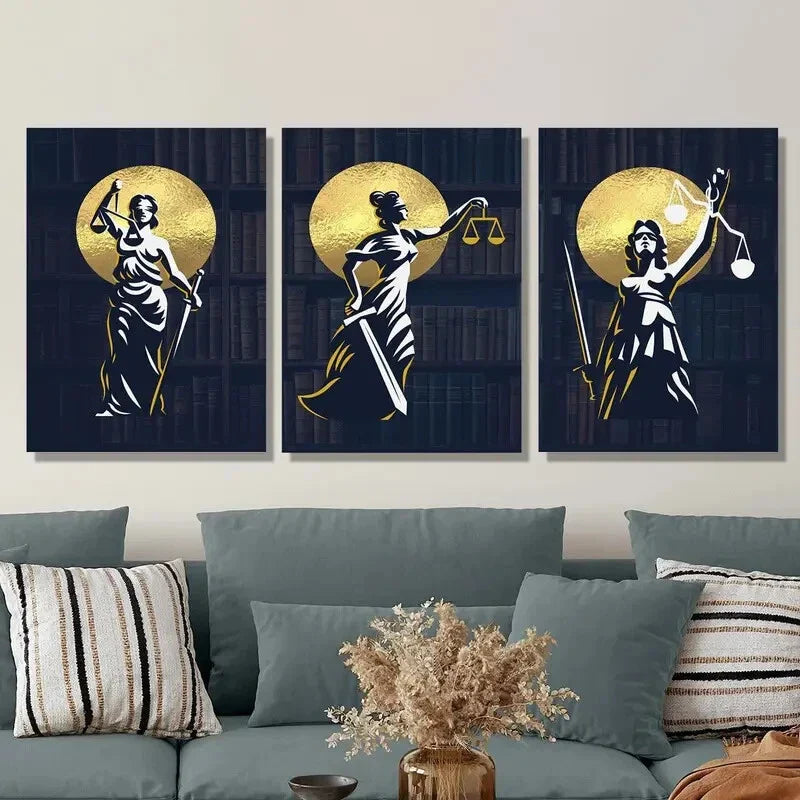 3pcs Justice, Greek Mythology, Golden Silhouette Metal Print Ready to Hang Art