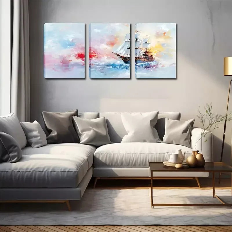 3pcs Decoration, Ancient Sailing Warships Wall Art Set Canvas Framed 40x60cm - High Quality Print 100% Australian Made Wall Canvas Ready to Hang
