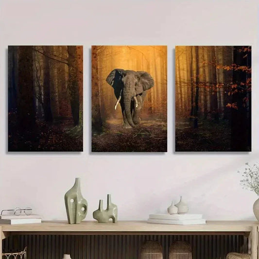 3pcs Elephant in Forest Vibrant Jungle Scene Metal Print Ready to Hang Art