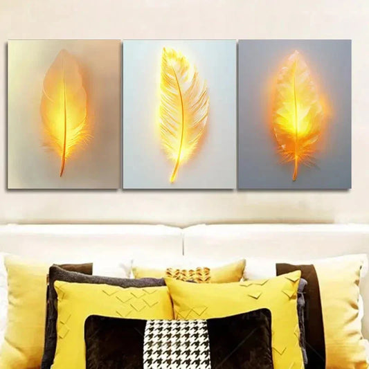 3pcs Feathers that glow Wall Art Set Canvas Framed 40x60cm - High Quality Print 100% Australian Made Wall Canvas Ready to Hang