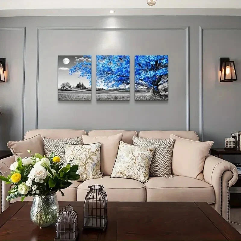 3pcs Blue Tree Moon Landscape with Vibrant Blue Hues Wall Art Set Canvas Framed 40x60cm - High Quality Print 100% Australian Made Wall Canvas Ready to Hang
