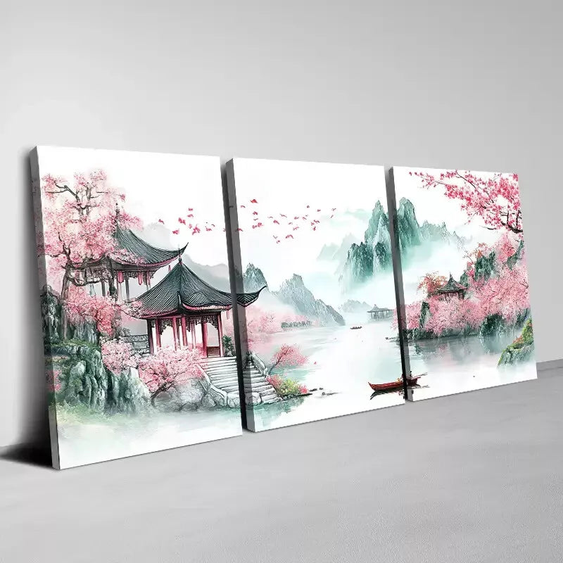 3pcs Colorful Landscape Pink Florals Painting Wall Wall Art Set Canvas Framed 40x60cm - High Quality Print 100% Australian Made Wall Canvas Ready to Hang