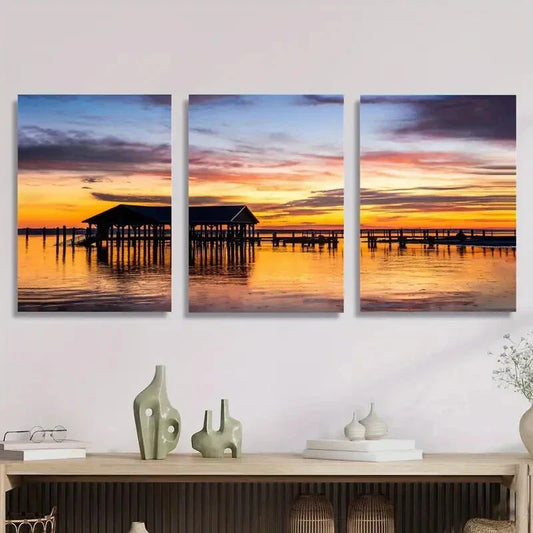 3pcs Romantic Seascape Sunset, Metal Print Ready to Hang Art