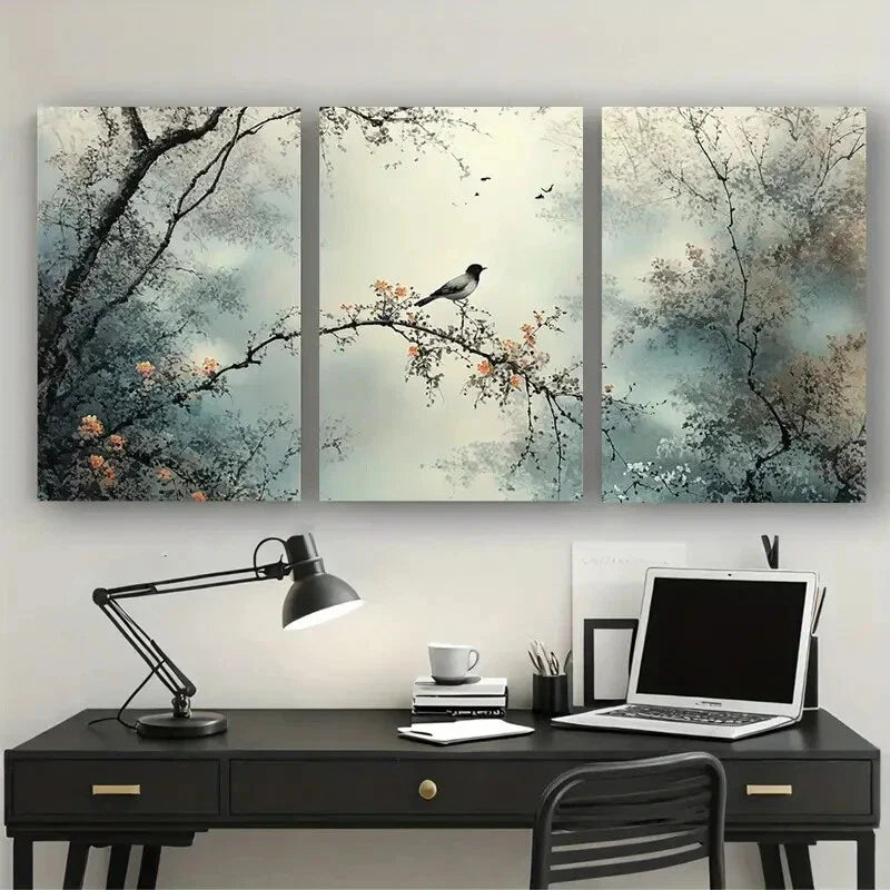 3pcs Modern Abstract Bird & Branch Canvas Metal Print Ready to Hang Art