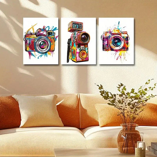 3pcs Vibrant Camera with Color Splash Design Metal Print Ready to Hang Art