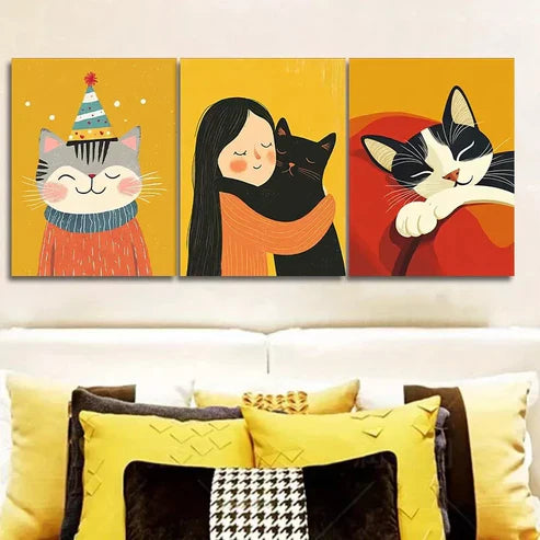 3pcs Featuring Cats In A Yellow Background Wall Art Set Canvas Framed 60x90cm - High Quality Print 100% Australian Made Wall Canvas Ready to Hang