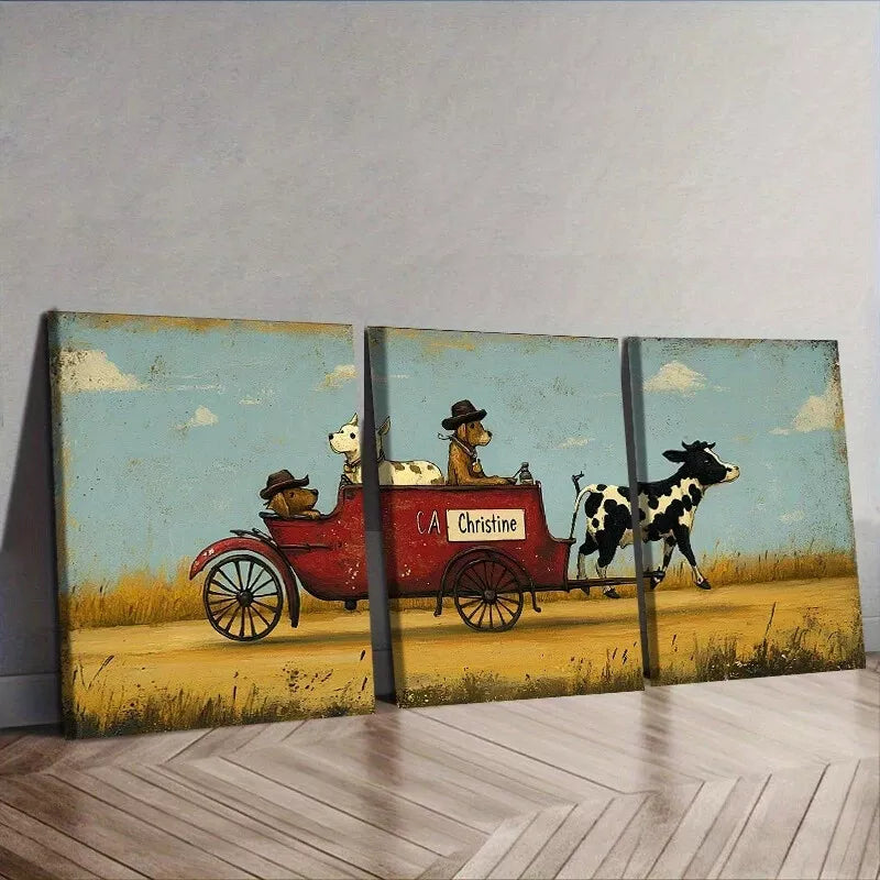 3pcs Contemporary Style Bullock Drawn Wall Art Set Canvas Framed 40x60cm - High Quality Print 100% Australian Made Wall Canvas Ready to Hang
