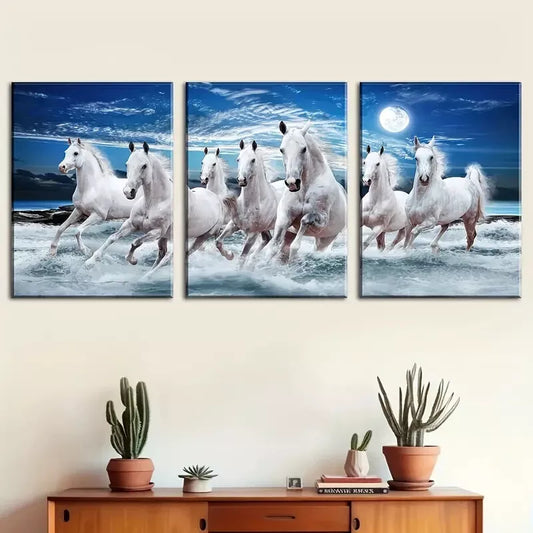 3pcs Symbolizing Success Galloping Horse, Wishes Wall Art Set Canvas Framed 40x60cm - High Quality Print 100% Australian Made Wall Canvas Ready to Hang