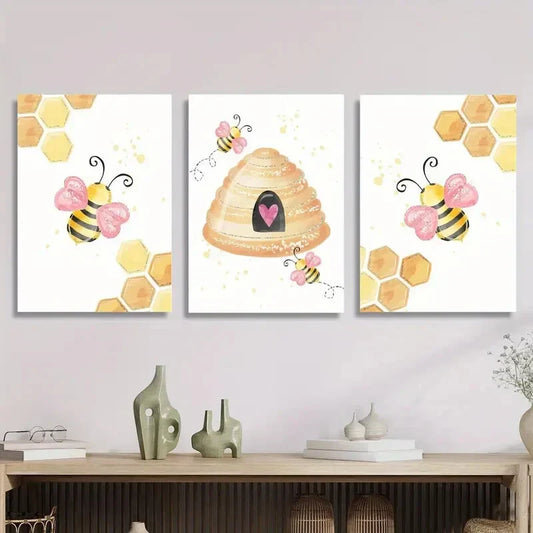 3pcs Cute Cartoon Bees & Sunflower Metal Print Ready to Hang Art