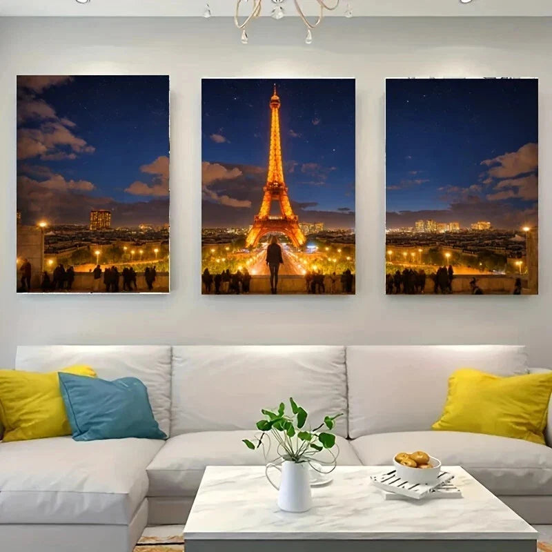 3pcs A Group of People Standing in Front Of Tower Metal Print Ready to Hang Art