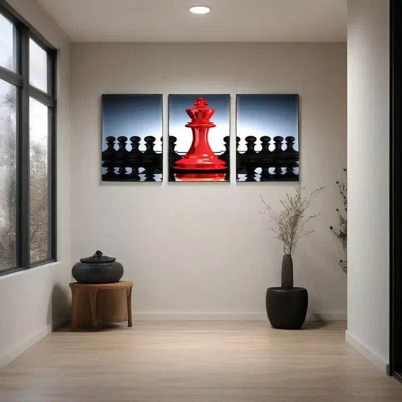 3pcs Black and Red King and Knight Chess Pictures Metal Print Ready to Hang Art