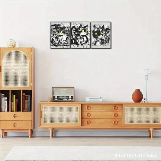 3pcs Geometric Black and White Cat Decoration Metal Print Ready to Hang Art