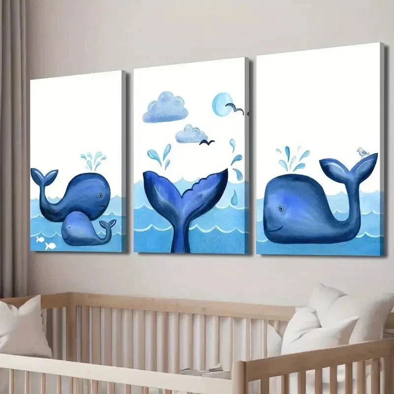3pcs Blue Ocean Whale And Bird Decor Wall Art Set Canvas Framed 40x60cm - High Quality Print 100% Australian Made Wall Canvas Ready to Hang