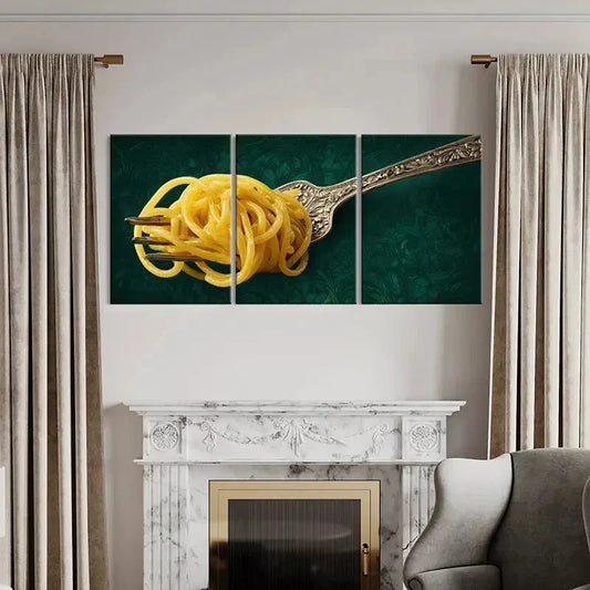 3pcs Elegant Fork with Pasta Intricate Design Metal Print Ready to Hang Art