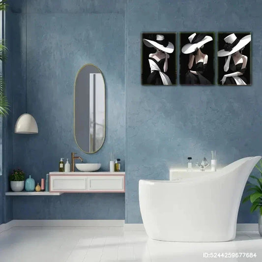 3pcs Black and White Woman with Hat Abstract Metal Print Ready to Hang Art