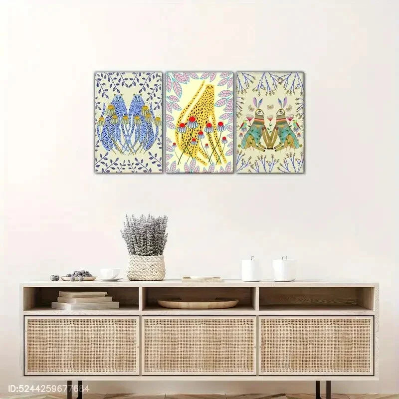 3pcs Rabbit Animal Portrait Art Poster Abstract Metal Print Ready to Hang Art