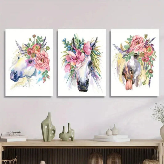 3pcs Cartoon watercolor unicorn, unicorn floral Metal Print Ready to Hang Art