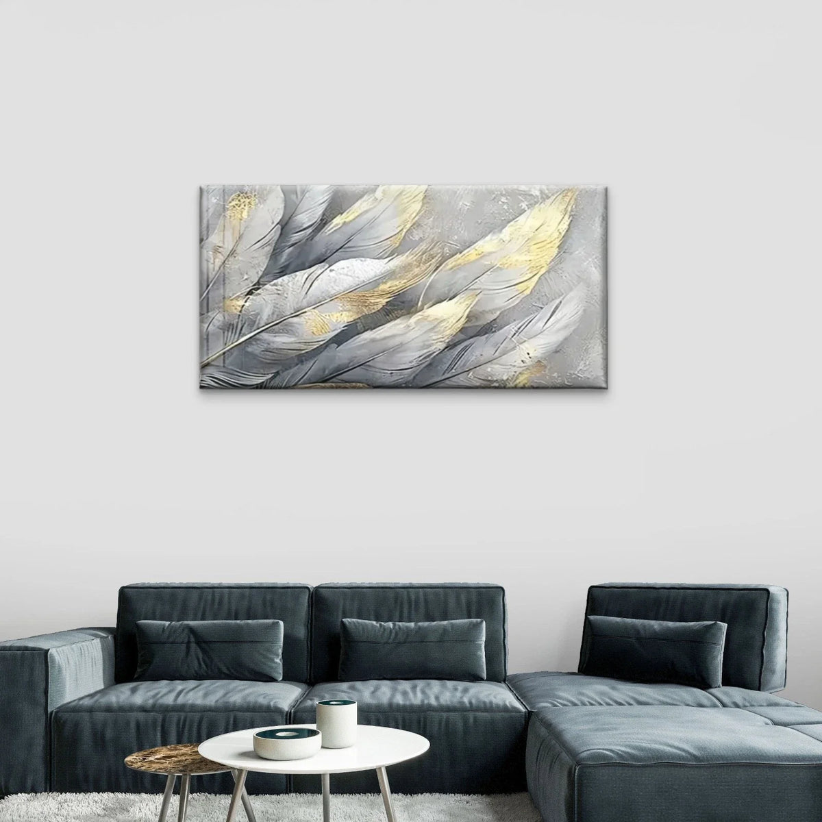 Feather White Yellow Abstract Wall Art Canvas Office Home Room Framed 80x45cm