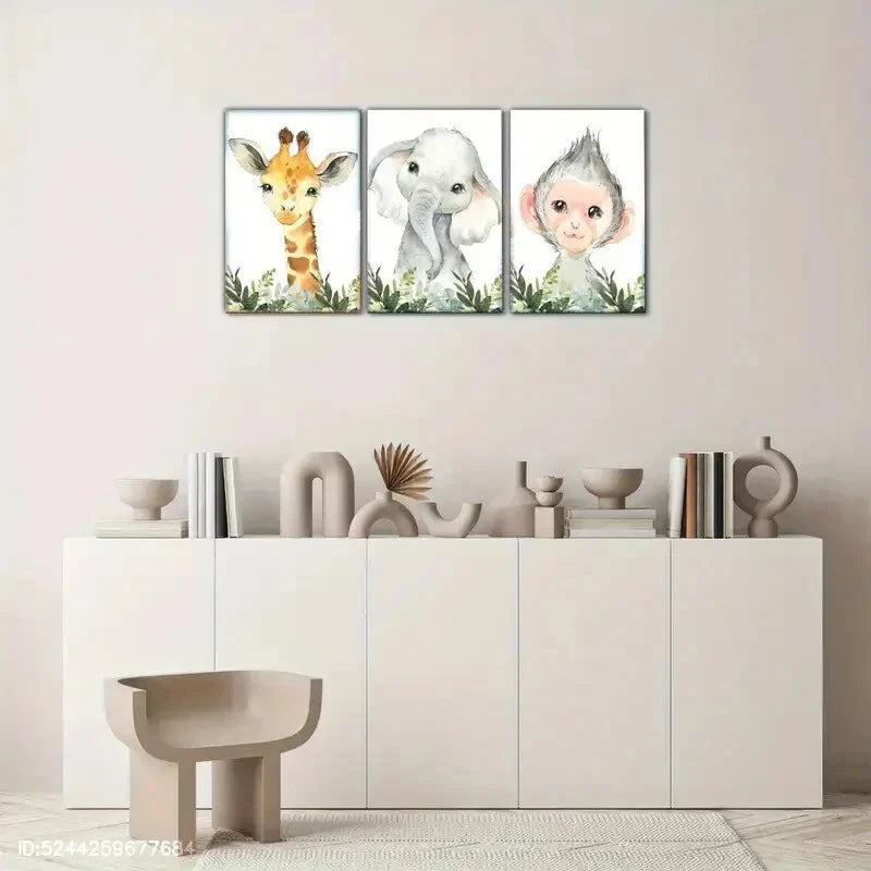 3pcs Elephant Monkey Jungle Animals Wildlife Metal Print Ready to Hang Art