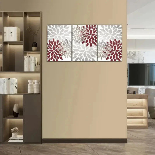 3pcs Burgundy Red Grey Farmhouse Wall Decor Metal Print Ready to Hang Art