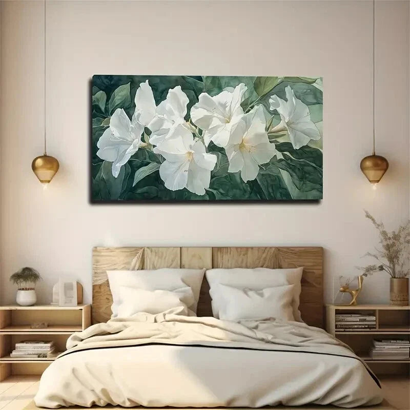 White Flowers with Green Leaves Wall Art Canvas Office Home Room Framed 120x60cm
