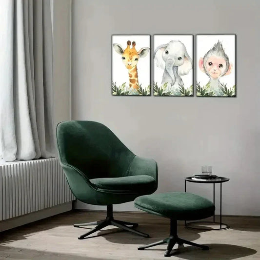 3pcs Elephant Monkey Jungle Animals Wildlife Metal Print Ready to Hang Art